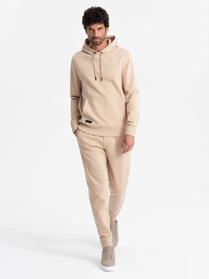 Dresowy bawełniany męski komplet BASIC bluza kangurka + joggery – beżowy V6 Z85