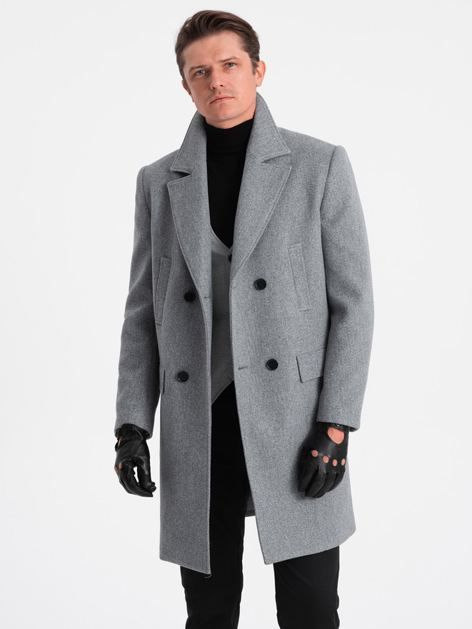 Двухбортное мужское пальто на подкладке - серое V1 OM-COWC-0107