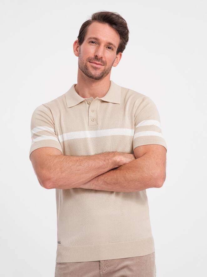 Мужская рубашка-поло мягкой вязки в контрастную полоску - бежевая V4 OM-POSS-0118