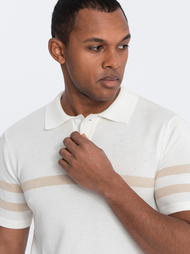 Мужская рубашка-поло мягкой вязки в контрастную полоску - кремовая V3 OM-POSS-0118