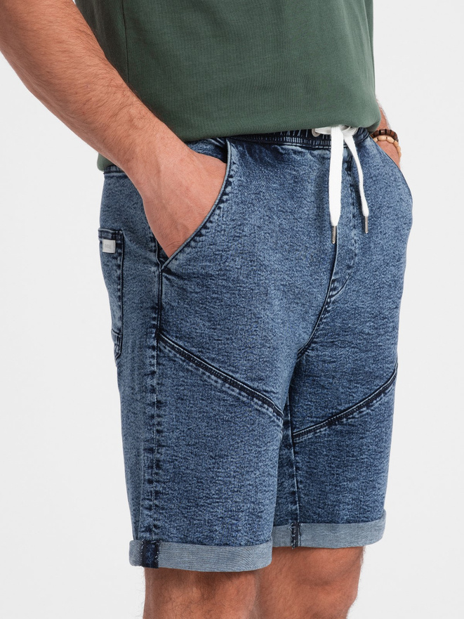 Podwinięte męskie krótkie spodenki jeansowe z przeszyciami – ciemnoniebieskie V3 OM-SRDS-0101