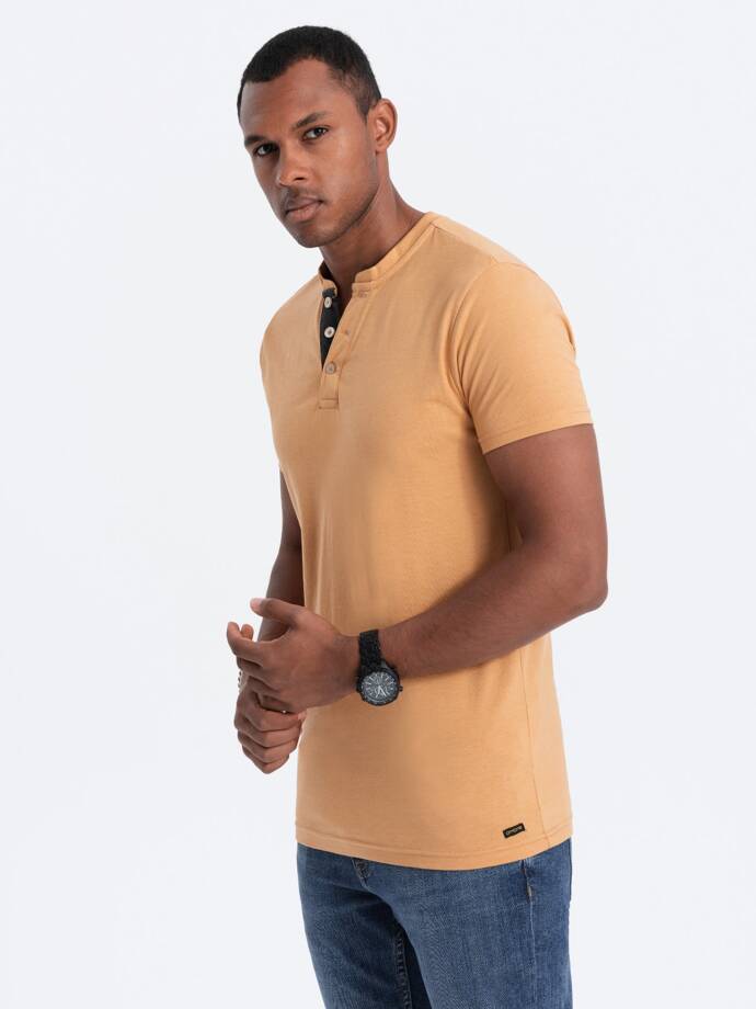 Мужская футболка без печати с пуговицами - горчичный меланж V4 S1390