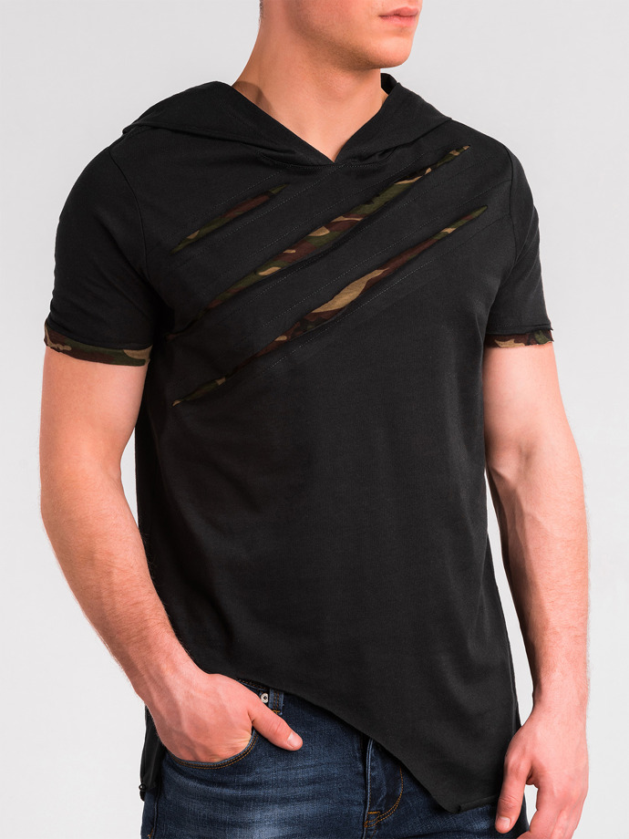 Мужская футболка с капюшоном и принтом S1019 - черная/ камуфляж