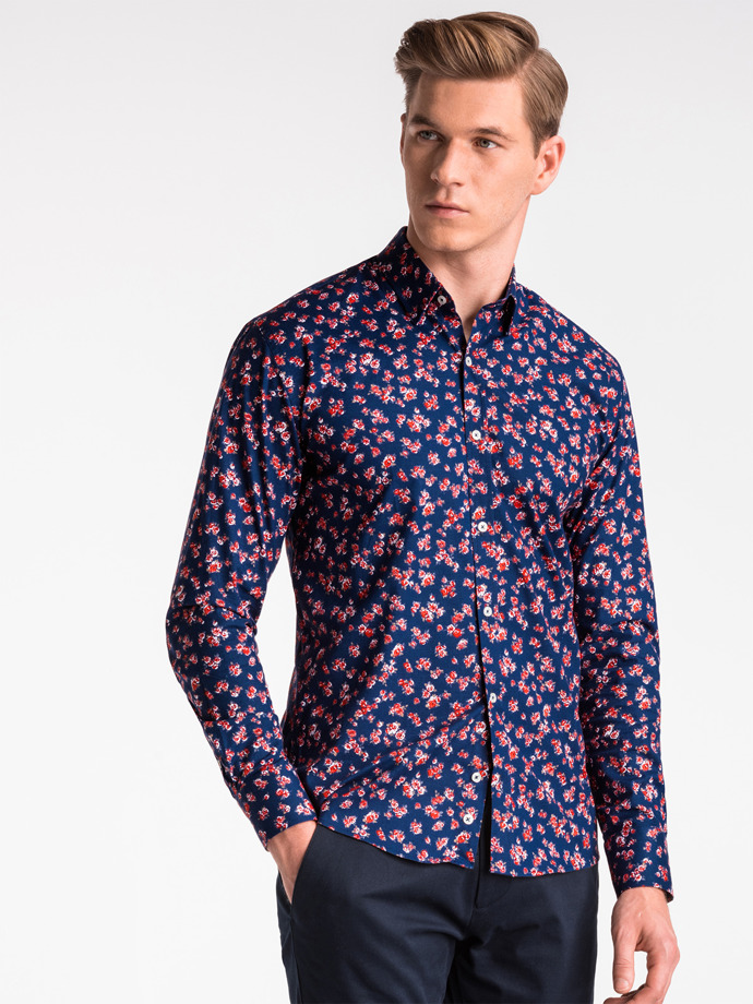 Мужская рубашка элегантная с длинным рукавом – тёмно-синяя/красная K501
