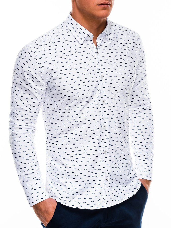 Мужская рубашка с длинным рукавом с очками - белая K454