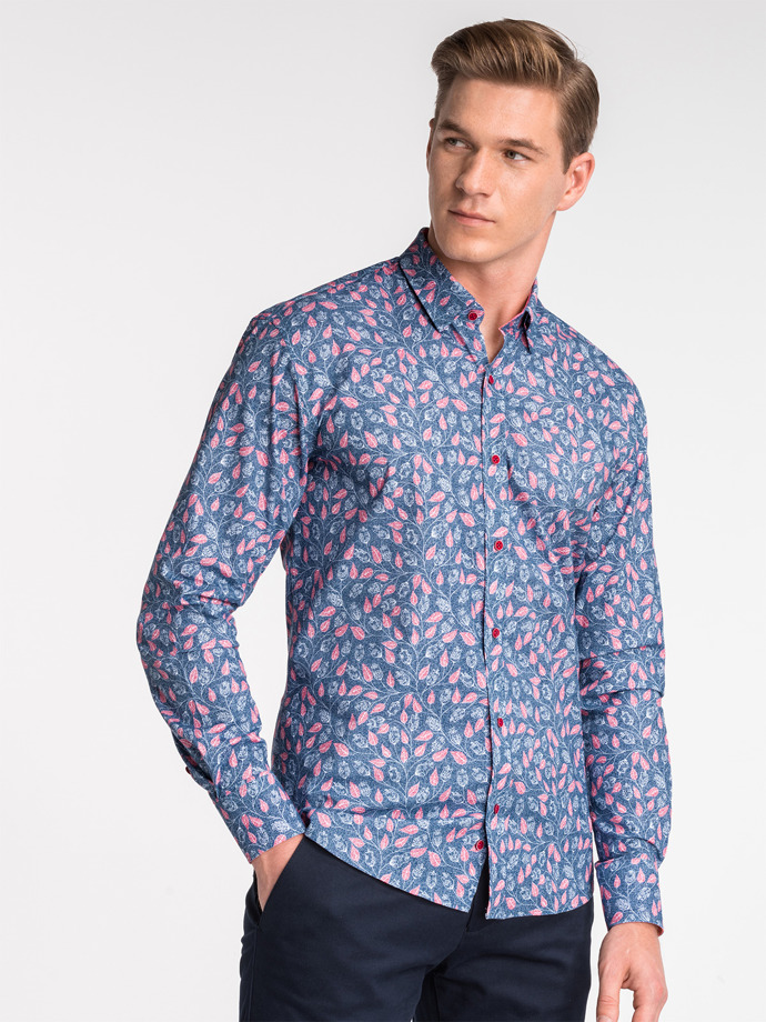 Мужская рубашка с длинным рукавом - тёмно-синяя/розовая K500