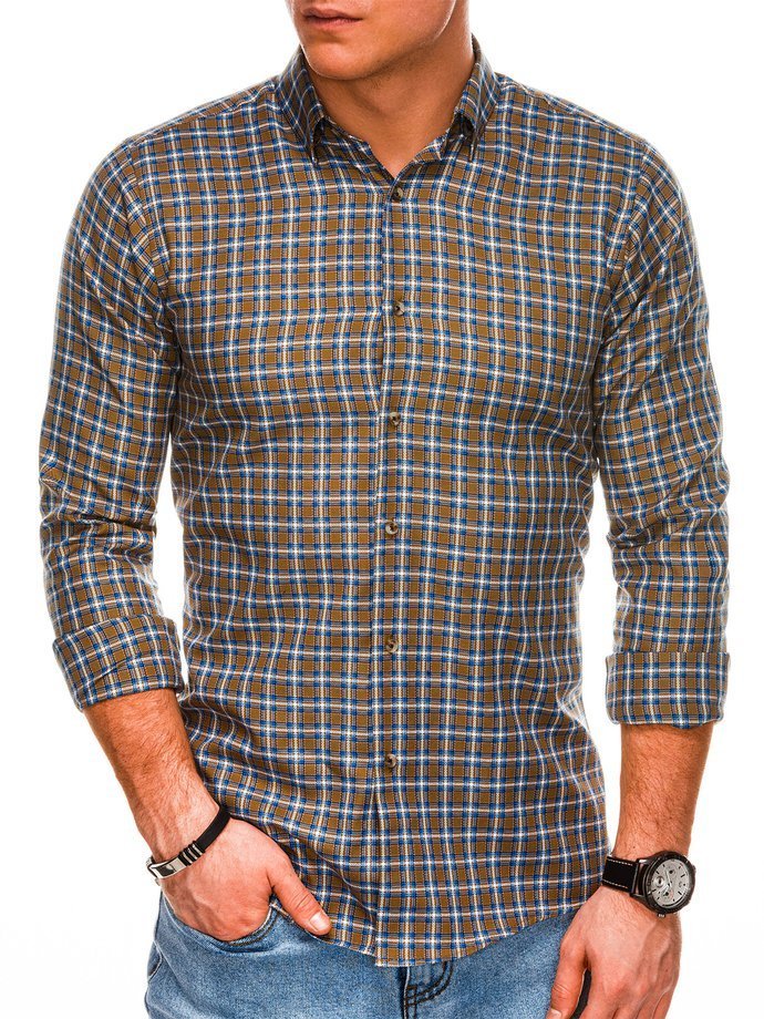 Мужская рубашка в клетку с длинным рукавом - коричневый K520