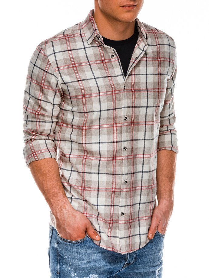 Мужская рубашка в клеточку с длинным рукавом - бежевая K511
