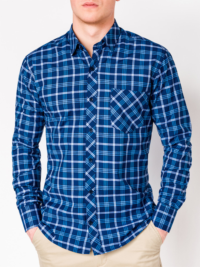 Мужская рубашка в клеточку с длинным рукавом - тёмно-синяя/голубая K416