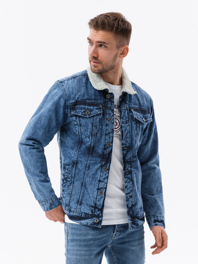 Мужская шерповая джинсовая куртка - синий V1 OM-JADJ-0125