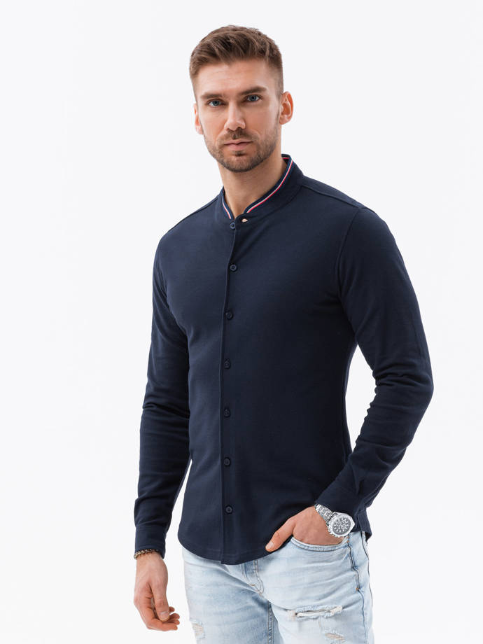 Мужская трикотажная рубашка с длинным рукавом - темно-синий V2 K542