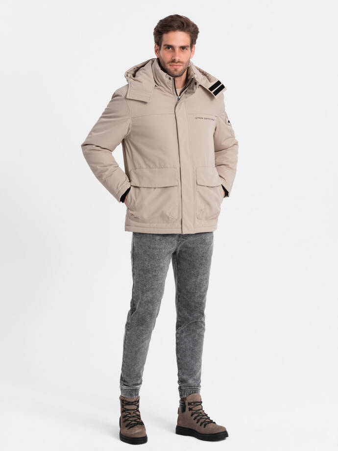 Мужская утепленная куртка с капюшоном - бежевый V1 OM-JAHP-0128