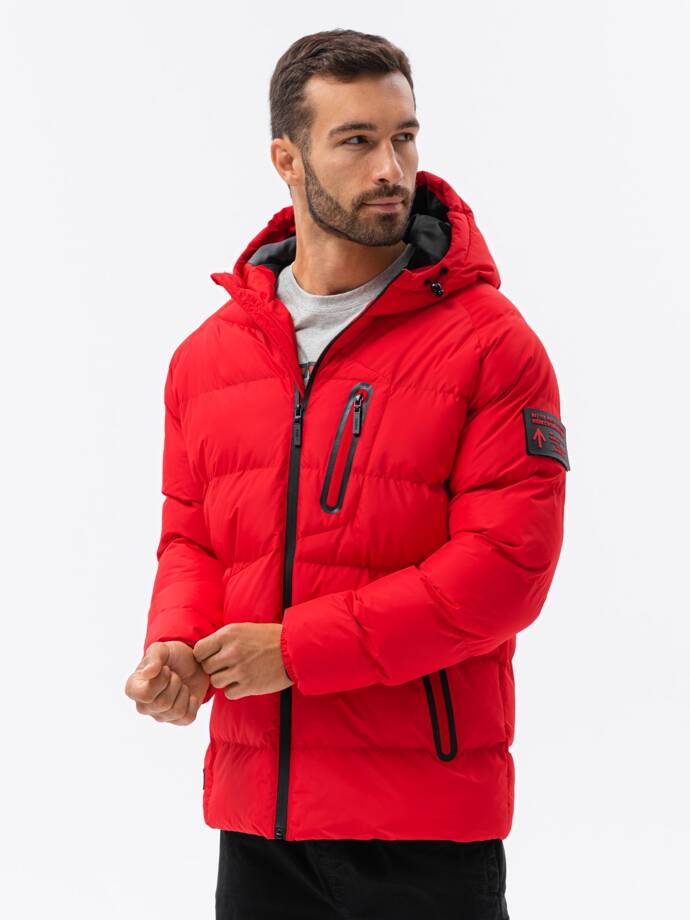 Мужская утепленная куртка с капюшоном - красный V5 OM-JAHP-0122