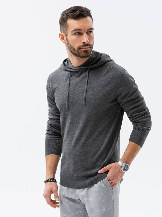 Мужской свитер с капюшоном - серый меланж V1 E187
