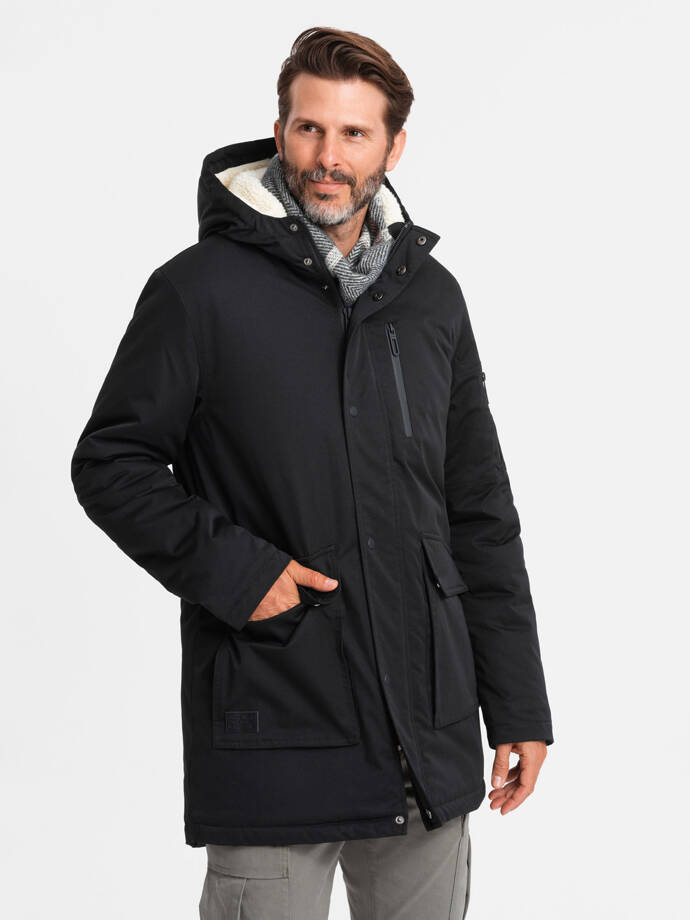 Męska długa kurtka parka sherpa – czarna V4 OM-JALJ-0181