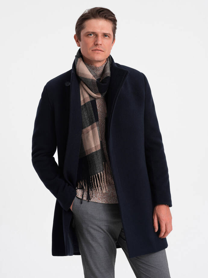 Пальто мужское с асимметричной застежкой - темно-синее V3 OM-COWC-0102