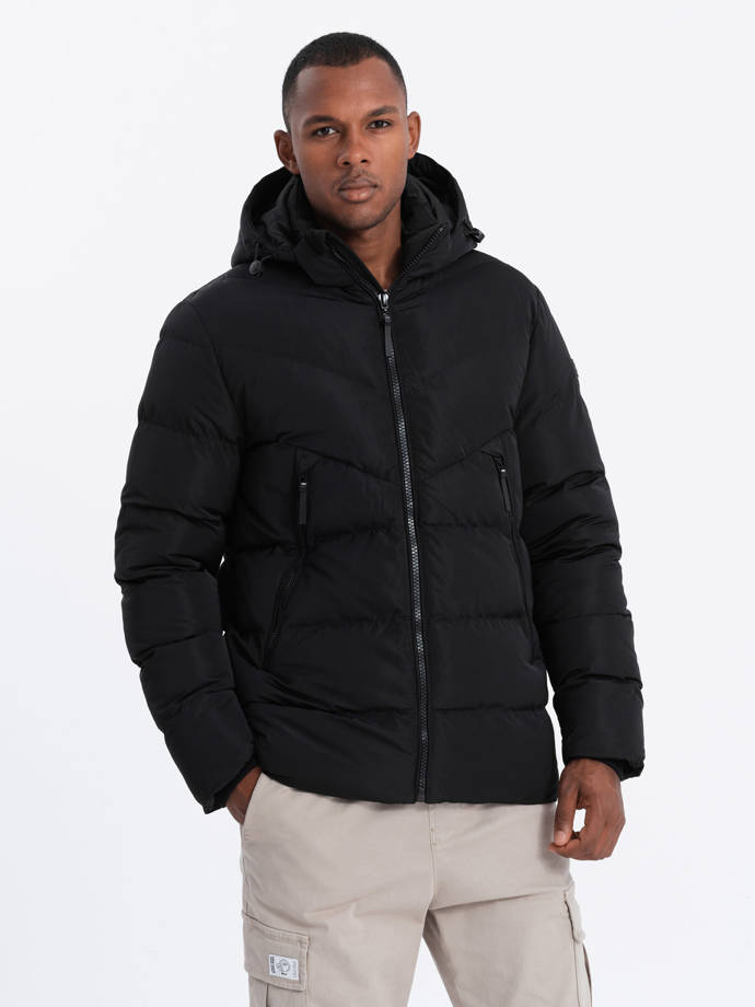 Чоловіча зимова куртка з незвичайним стьобанням - чорний V3 OM-JAHP-0127